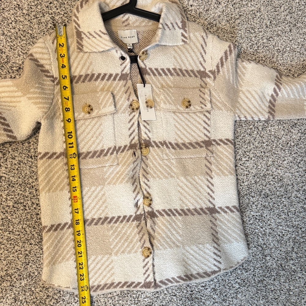 Pink Rose Cream and Tan Plaid Sweater/Jacket. Super soft and cozy. NWT - Picture 6 of 8